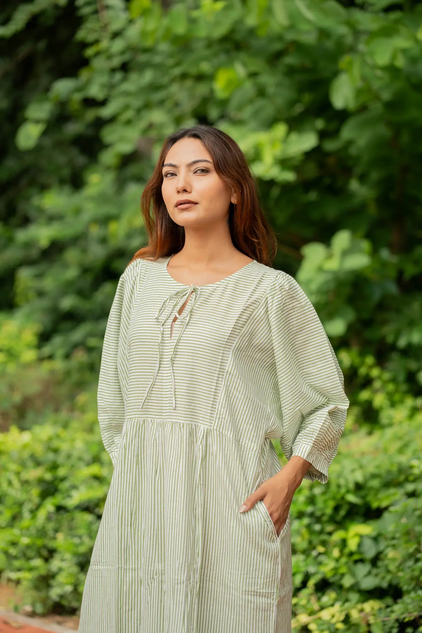 Cotton Midi Dress Stripe Hand Block Print | Boho Oversized Long Sleeves Loose Fit Dress with Pockets, Artisan Style Bridesmaid Gift for Her