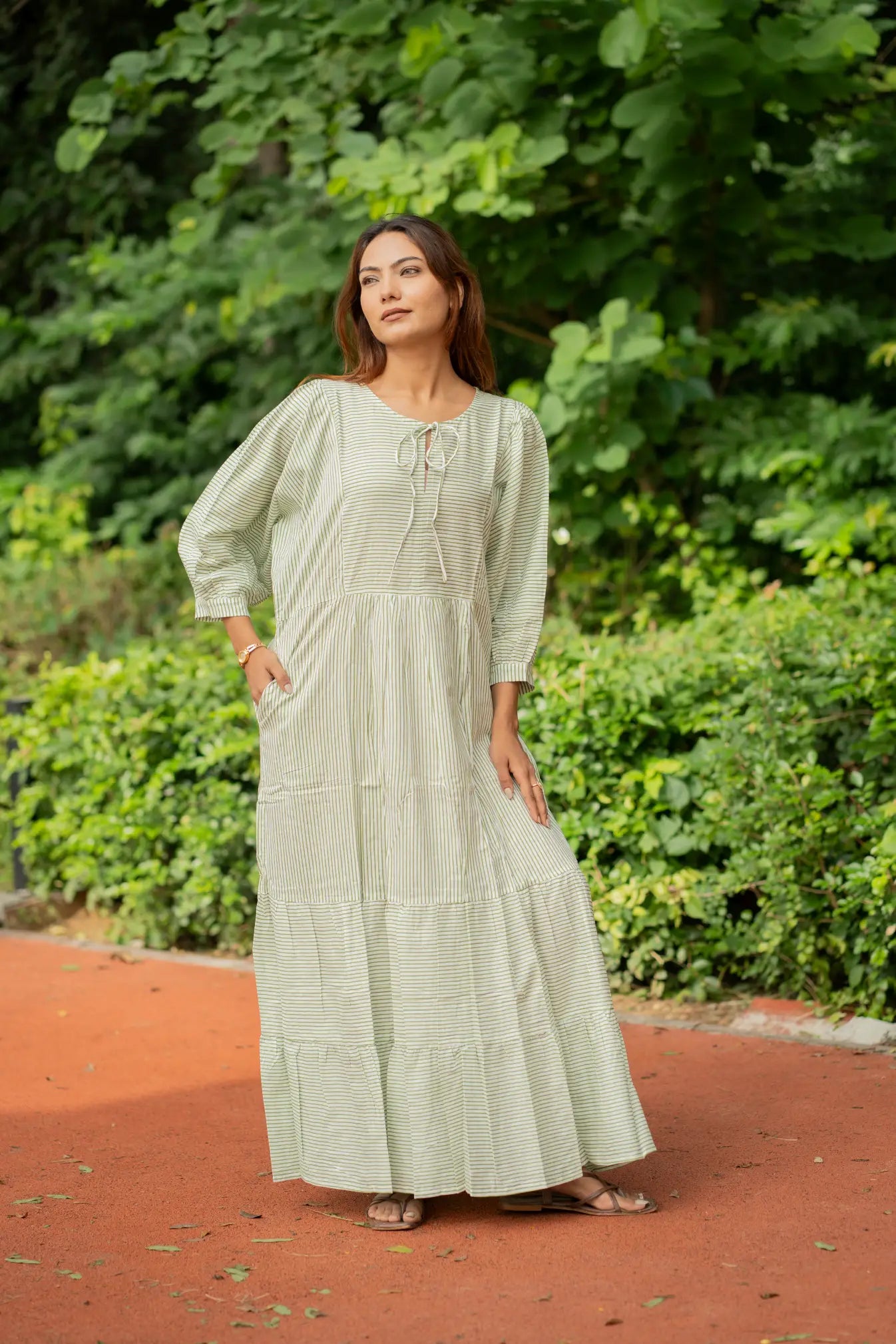 Cotton Midi Dress Stripe Hand Block Print | Boho Oversized Long Sleeves Loose Fit Dress with Pockets, Artisan Style Bridesmaid Gift for Her
