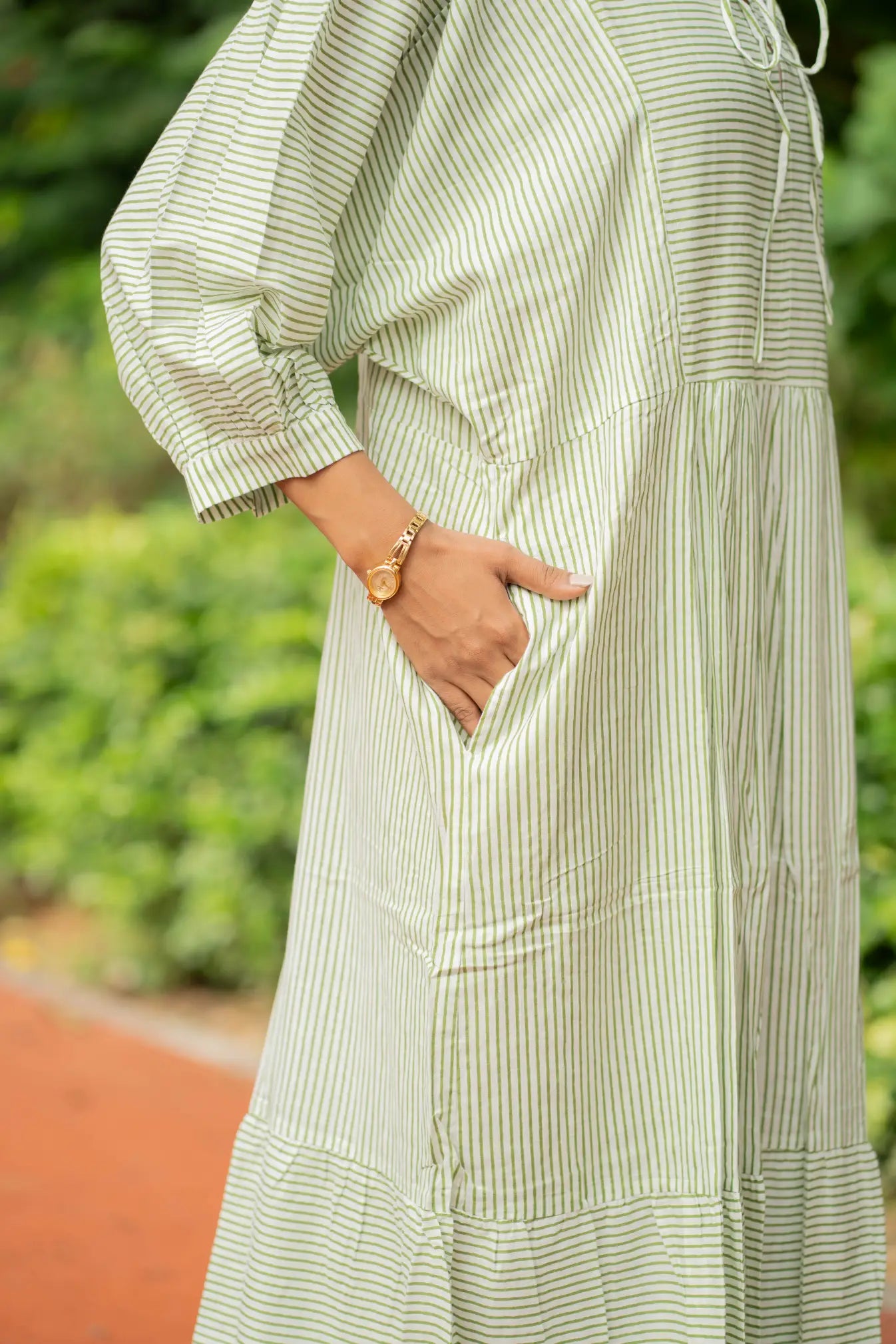 Cotton Midi Dress Stripe Hand Block Print | Boho Oversized Long Sleeves Loose Fit Dress with Pockets, Artisan Style Bridesmaid Gift for Her