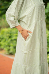 Cotton Midi Dress Stripe Hand Block Print | Boho Oversized Long Sleeves Loose Fit Dress with Pockets, Artisan Style Bridesmaid Gift for Her