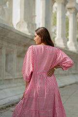 Cotton Midi Dress Stripe Hand Block Print | Boho Oversized Long Sleeves Loose Fit Dress with Pockets, Artisan Style Bridesmaid Gift for Her