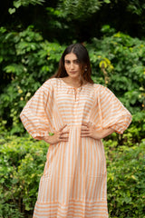 Cotton Midi Dress Stripe Hand Block Print | Boho Summer Sundress with Pockets, Artisan Style Beach Vacation Wear, Bridesmaid Gift for Her