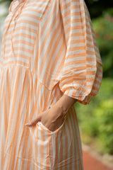 Cotton Midi Dress Stripe Hand Block Print | Boho Summer Sundress with Pockets, Artisan Style Beach Vacation Wear, Bridesmaid Gift for Her