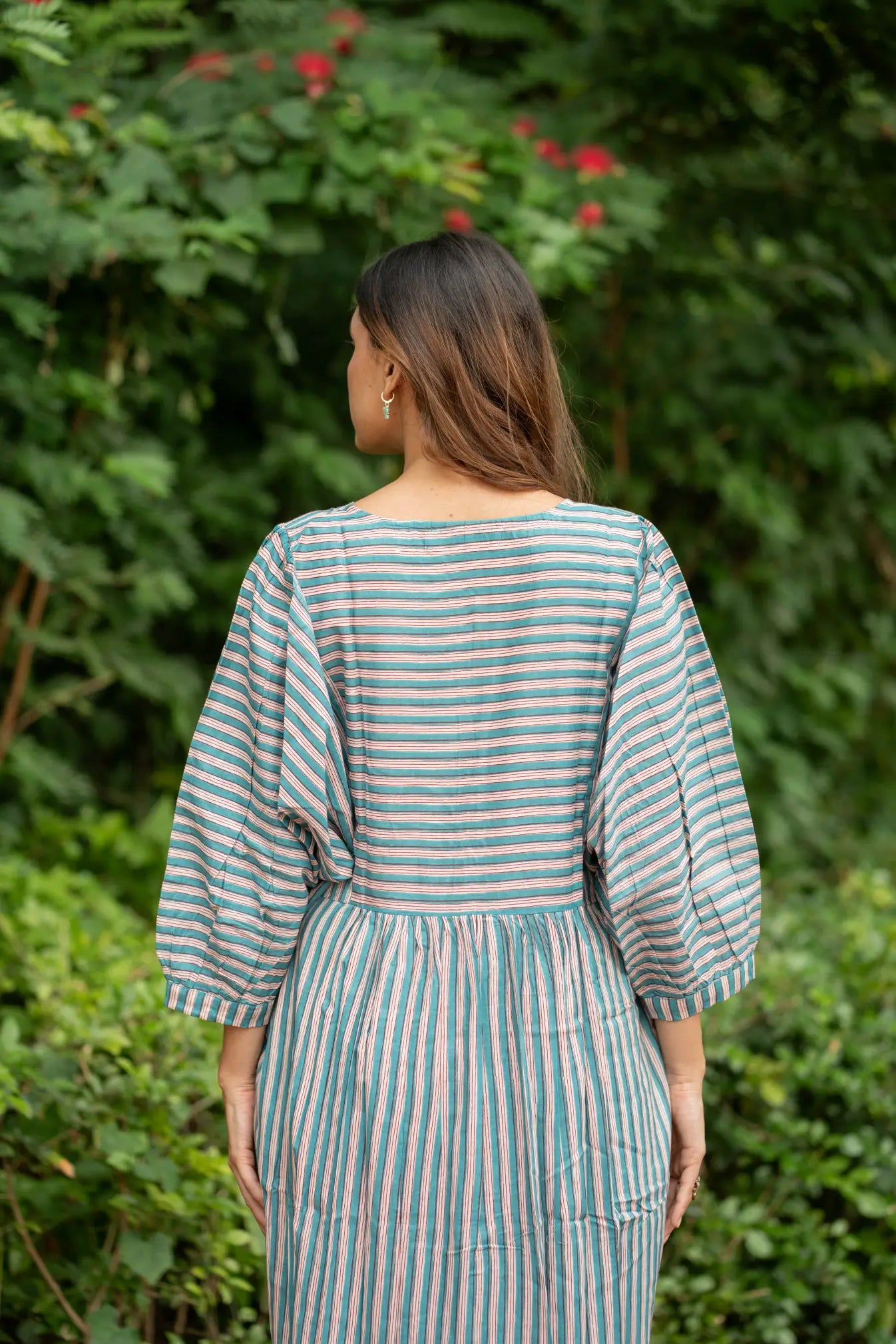 Cotton Midi Dress Stripe Hand Block Print | Boho Summer Sundress with Pockets, Artisan Style Beach Vacation Wear, Bridesmaid Gift for Her