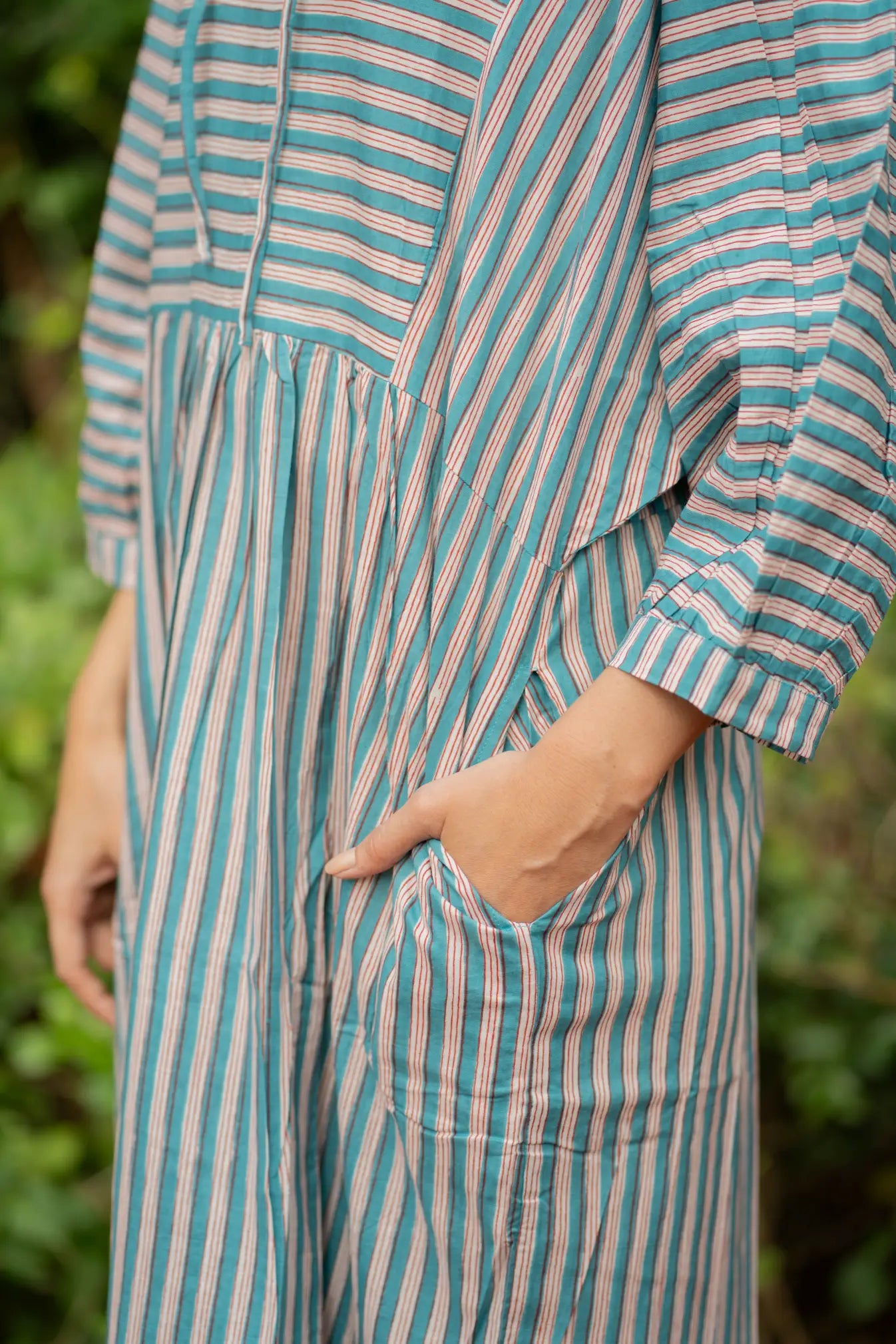 Cotton Midi Dress Stripe Hand Block Print | Boho Summer Sundress with Pockets, Artisan Style Beach Vacation Wear, Bridesmaid Gift for Her