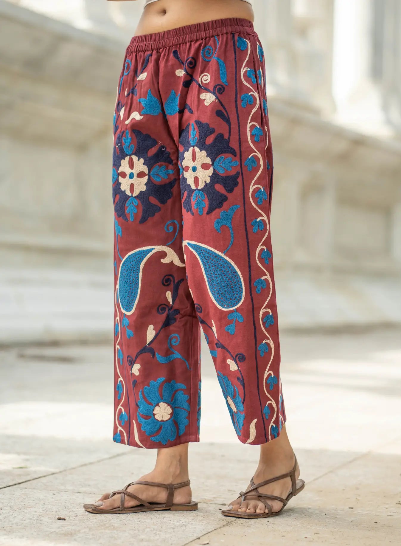 Cotton Suzani Embroidery Women Pajama | Hand Embroidered Floral Hippie Pant | Handcrafted Boho Loungewear Trouser One Size | Gift for Her