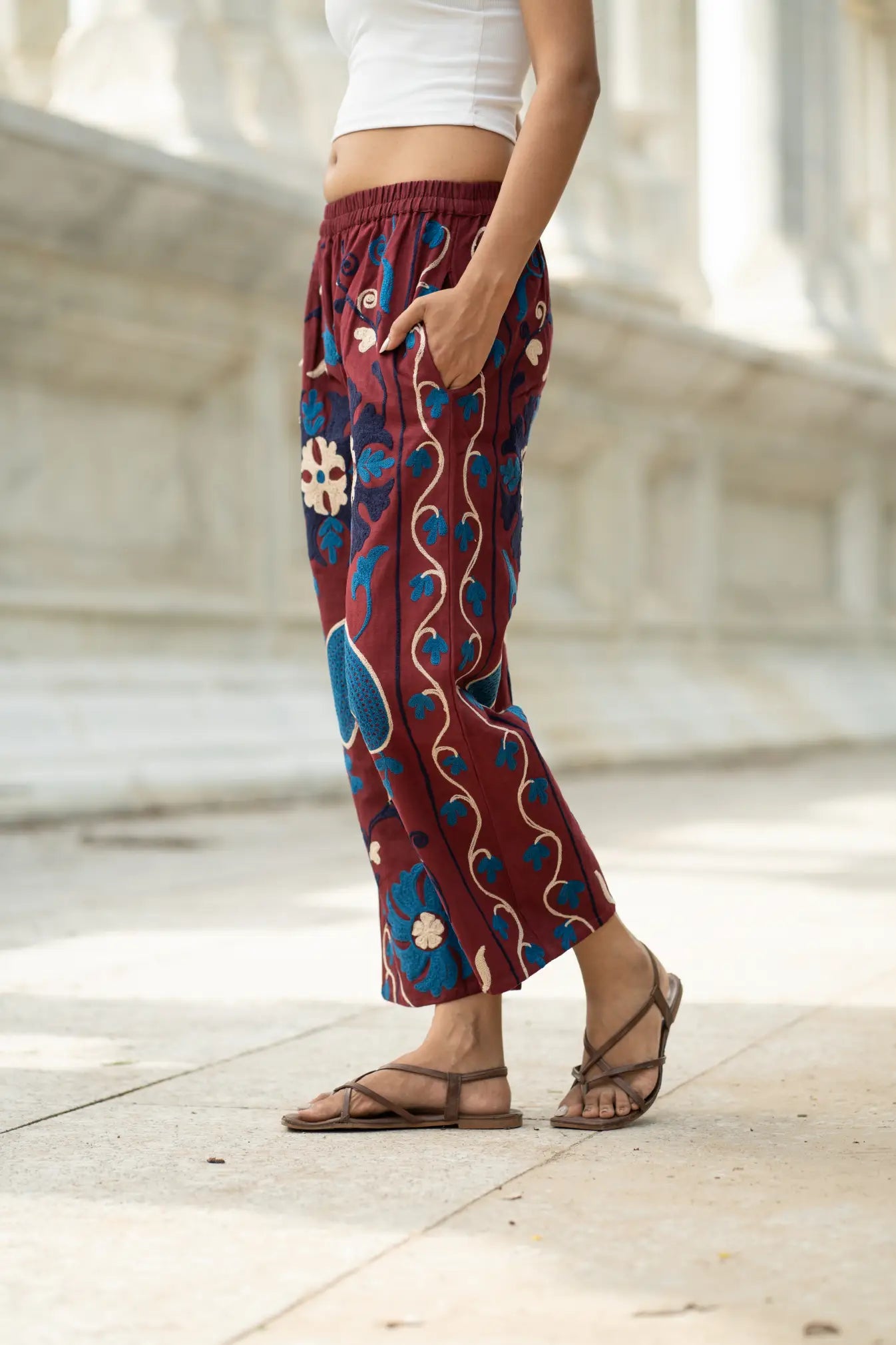Cotton Suzani Embroidery Women Pajama | Hand Embroidered Floral Hippie Pant | Handcrafted Boho Loungewear Trouser One Size | Gift for Her