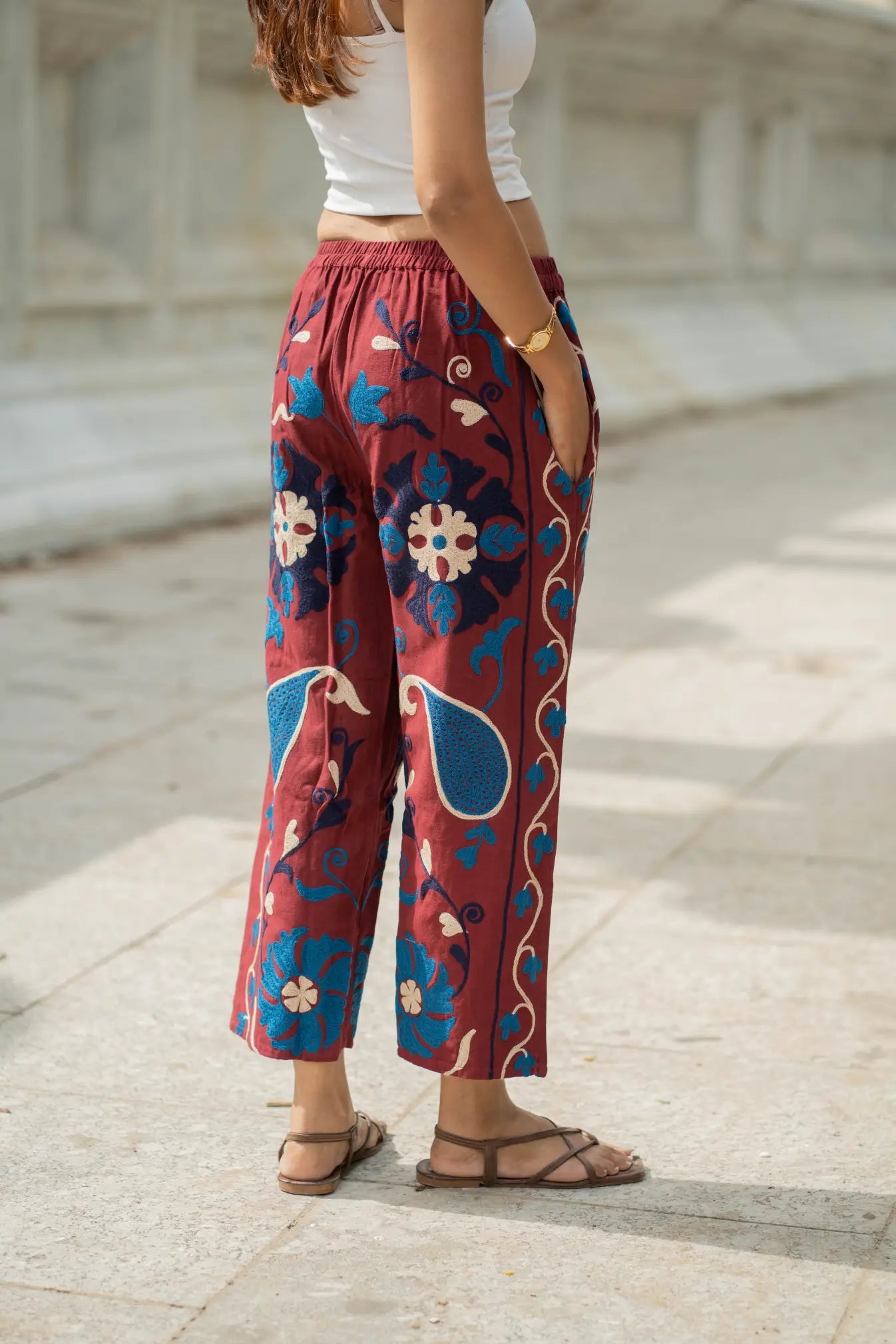 Cotton Suzani Embroidery Women Pajama | Hand Embroidered Floral Hippie Pant | Handcrafted Boho Loungewear Trouser One Size | Gift for Her