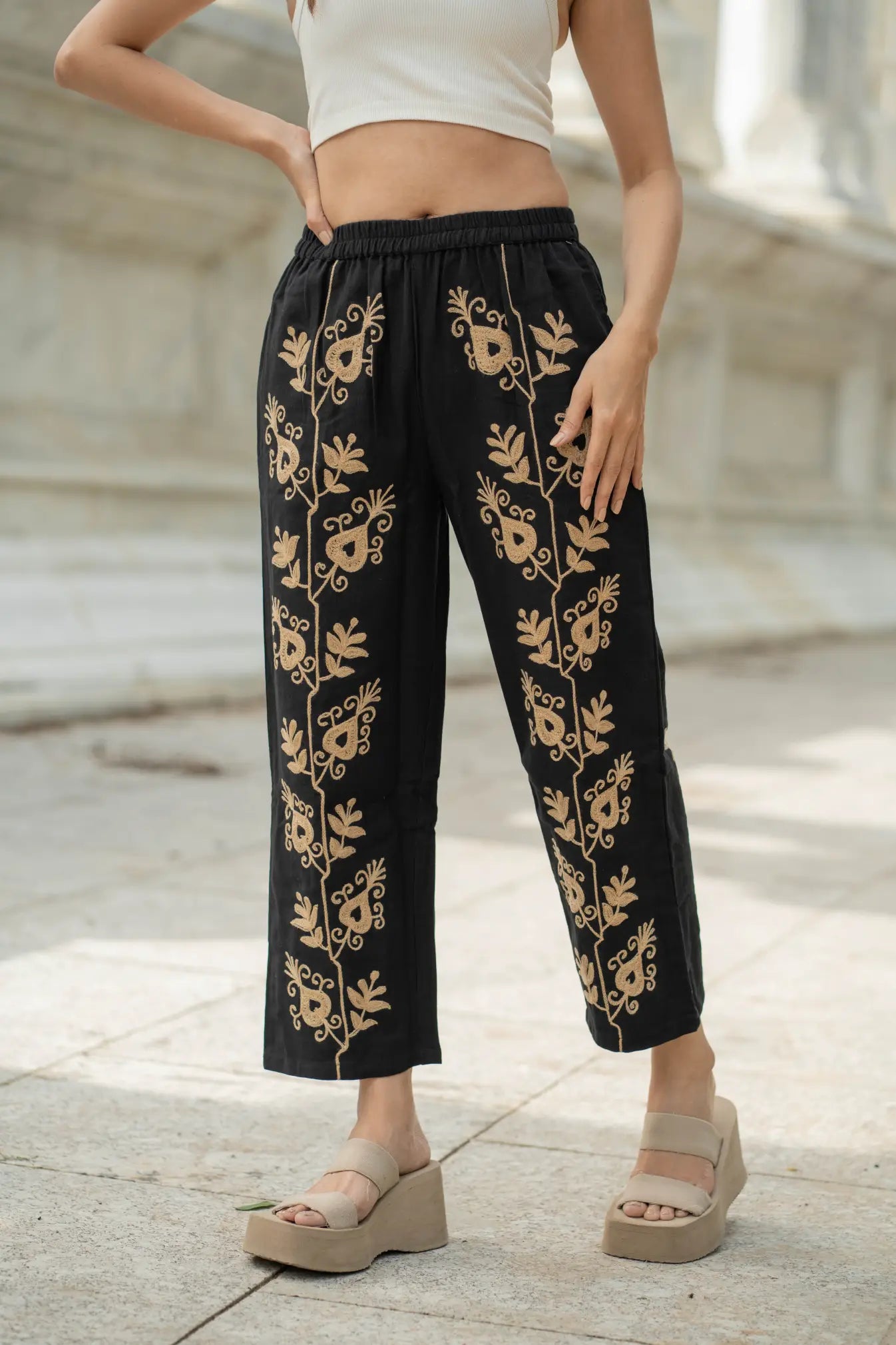 Cotton Suzani Embroidery Women Pajama | Hand Embroidered Floral Hippie Pant | Handcrafted Boho Loungewear Trouser One Size | Gift for Her