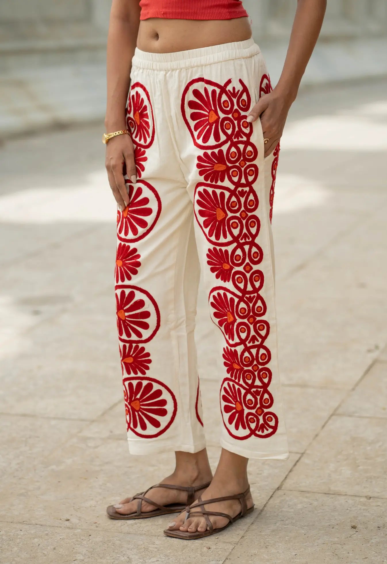 Cotton Suzani Embroidery Women Pajama | Hand Embroidered Floral Hippie Pant | Handcrafted Boho Loungewear Trouser One Size | Gift for Her