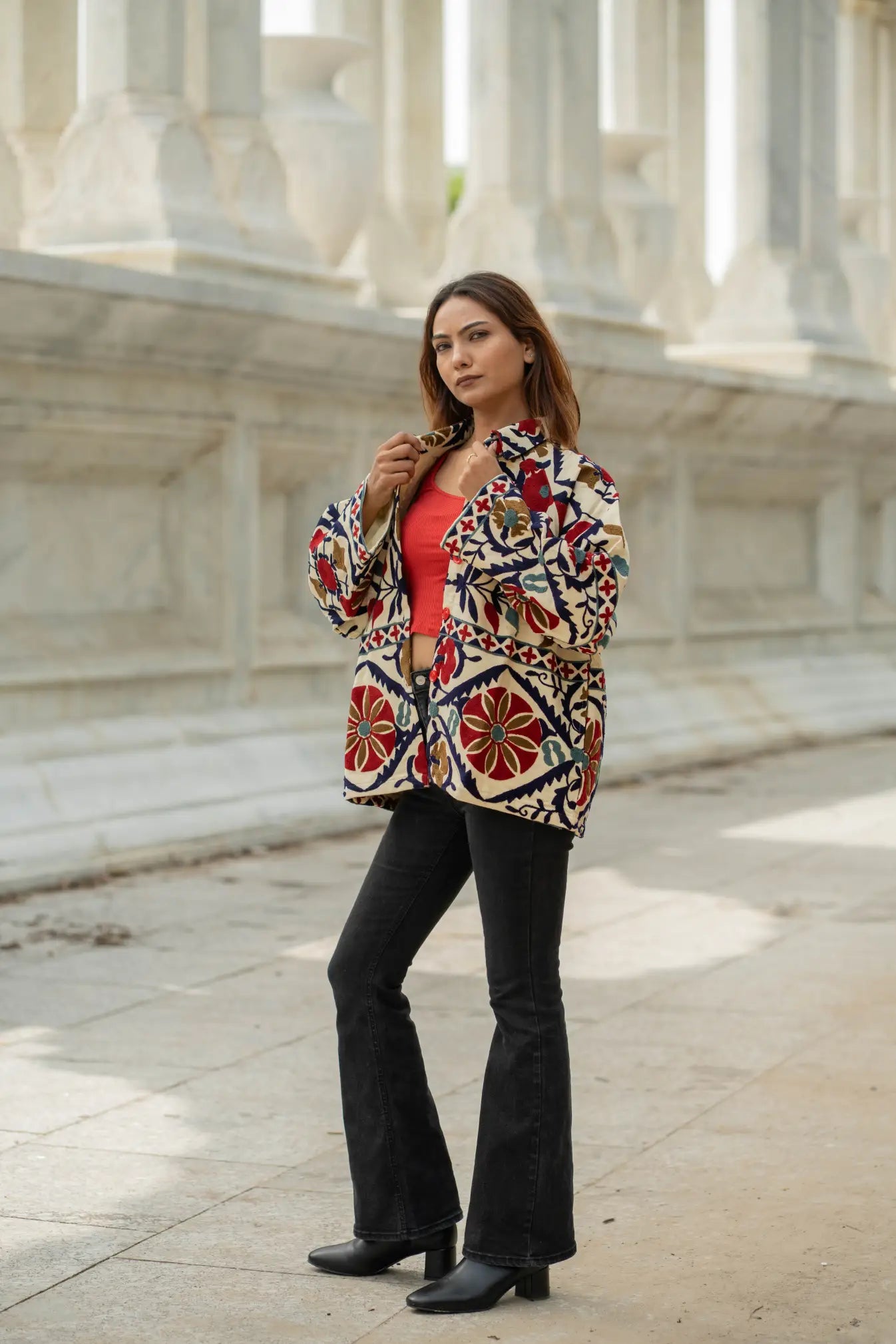 Cotton Suzani Embroidered Short Jacket | Autumn Winter Boho Gypsy | Artisan Hand Crafted Luxury Gift For Her | Olive Green Orange Outerwear
