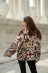 Cotton Suzani Embroidered Short Jacket | Autumn Winter Boho Gypsy | Artisan Hand Crafted Luxury Gift For Her | Olive Green Orange Outerwear