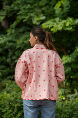 Quilted Pure Cotton Autumn Winter Jacket for Women | Quirky Handmade Boho Short Coat Pink Stripe, Heart Print Anniversary Love Gift for Her