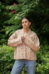 Quilted Pure Cotton Autumn Winter Jacket for Women | Quirky Handmade Boho Short Brown Stripe Coat, Heart Print Anniversary Love Gift for Her