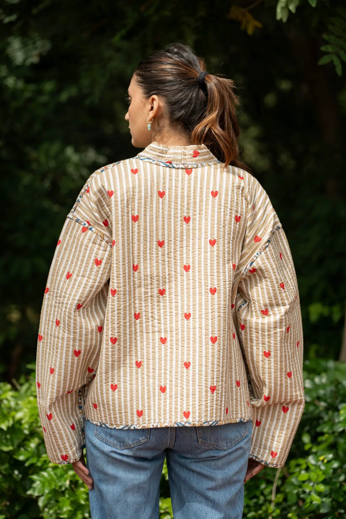 Quilted Pure Cotton Autumn Winter Jacket for Women | Quirky Handmade Boho Short Brown Stripe Coat, Heart Print Anniversary Love Gift for Her