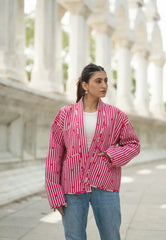 Quilted Short Bohemian Jacket for Women | Quirky Handmade Gray White Heart Print | Front Open Cotton Jacket | Anniversary  Love Gift for Her