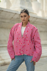 Quilted Short Bohemian Jacket for Women | Quirky Handmade Gray White Heart Print | Front Open Cotton Jacket | Anniversary  Love Gift for Her