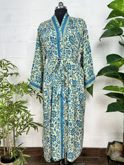 Bohemian New Silk Sari Kimono Women Regal House Beach Robe | Beige Blue Floral Luxury Anniversary Birthday Gift For Her