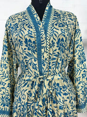 Bohemian New Silk Sari Kimono Women Regal House Beach Robe | Beige Blue Floral Luxury Anniversary Birthday Gift For Her