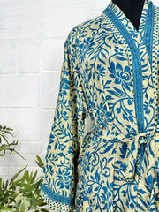 Bohemian New Silk Sari Kimono Women Regal House Beach Robe | Beige Blue Floral Luxury Anniversary Birthday Gift For Her