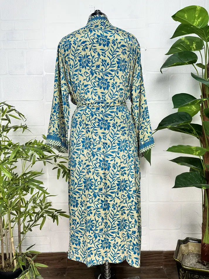 Bohemian New Silk Sari Kimono Women Regal House Beach Robe | Beige Blue Floral Luxury Anniversary Birthday Gift For Her