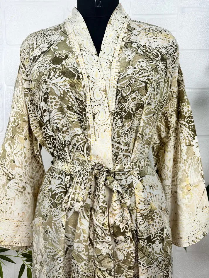 Bohemian New Silk Sari Kimono Women Regal House Beach Robe | Beige Brown Floral Luxury Anniversary Birthday Gift For Her
