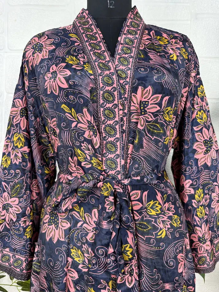 Bohemian New Silk Sari Kimono Women Regal House Beach Robe | Black Pink Floral Luxury Anniversary Birthday Gift For Her