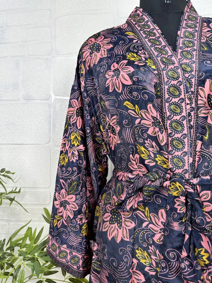 Bohemian New Silk Sari Kimono Women Regal House Beach Robe | Black Pink Floral Luxury Anniversary Birthday Gift For Her