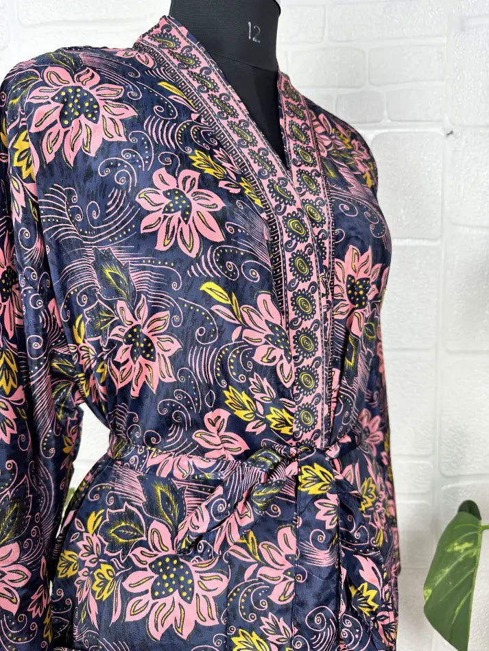 Bohemian New Silk Sari Kimono Women Regal House Beach Robe | Black Pink Floral Luxury Anniversary Birthday Gift For Her