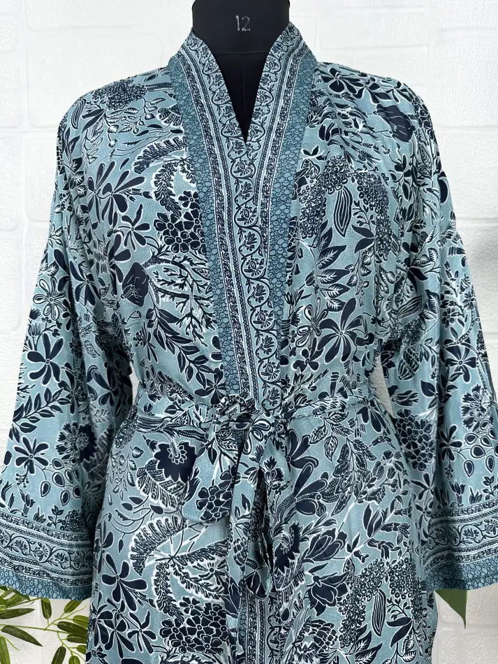 Bohemian New Silk Sari Kimono Women Regal House Beach Robe | Blue Black Floral Luxury Anniversary Birthday Gift For Her