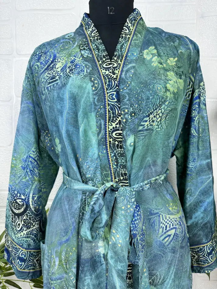 Bohemian New Silk Sari Kimono Women Regal House Beach Robe | Blue Green Floral Luxury Anniversary Birthday Gift For Her