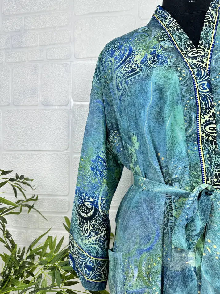 Bohemian New Silk Sari Kimono Women Regal House Beach Robe | Blue Green Floral Luxury Anniversary Birthday Gift For Her