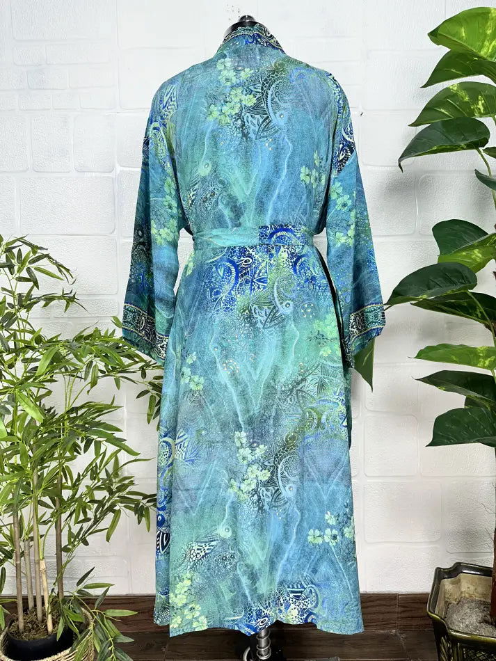 Bohemian New Silk Sari Kimono Women Regal House Beach Robe | Blue Green Floral Luxury Anniversary Birthday Gift For Her