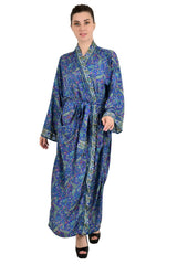 Bohemian New Silk Sari Kimono Women Regal House Beach Robe | Blue Paisley Floral Luxury Anniversary Birthday Gift For Her