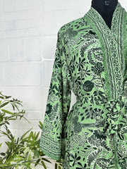 Bohemian New Silk Sari Kimono Women Regal House Beach Robe | Green Floral Luxury Anniversary Birthday Gift For Her