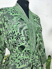 Bohemian New Silk Sari Kimono Women Regal House Beach Robe | Green Floral Luxury Anniversary Birthday Gift For Her