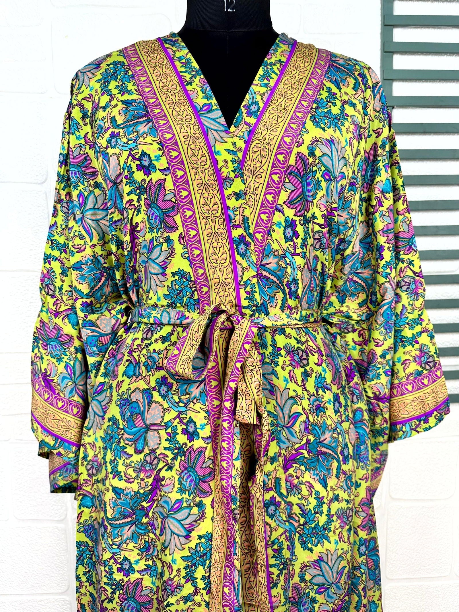 Bohemian New Silk Sari Kimono Women Regal House Beach Robe | Green Pink Floral Luxury Anniversary Birthday Gift For Her
