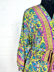 Bohemian New Silk Sari Kimono Women Regal House Beach Robe | Green Pink Floral Luxury Anniversary Birthday Gift For Her