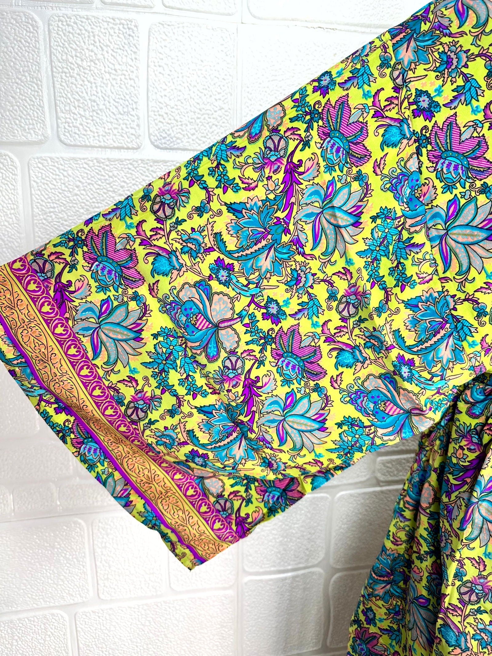 Bohemian New Silk Sari Kimono Women Regal House Beach Robe | Green Pink Floral Luxury Anniversary Birthday Gift For Her