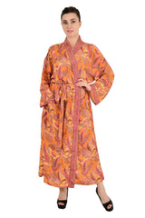 Bohemian New Silk Sari Kimono Women Regal House Beach Robe | Orange Paisley Floral Garden Luxury Anniversary Birthday Gift For Her