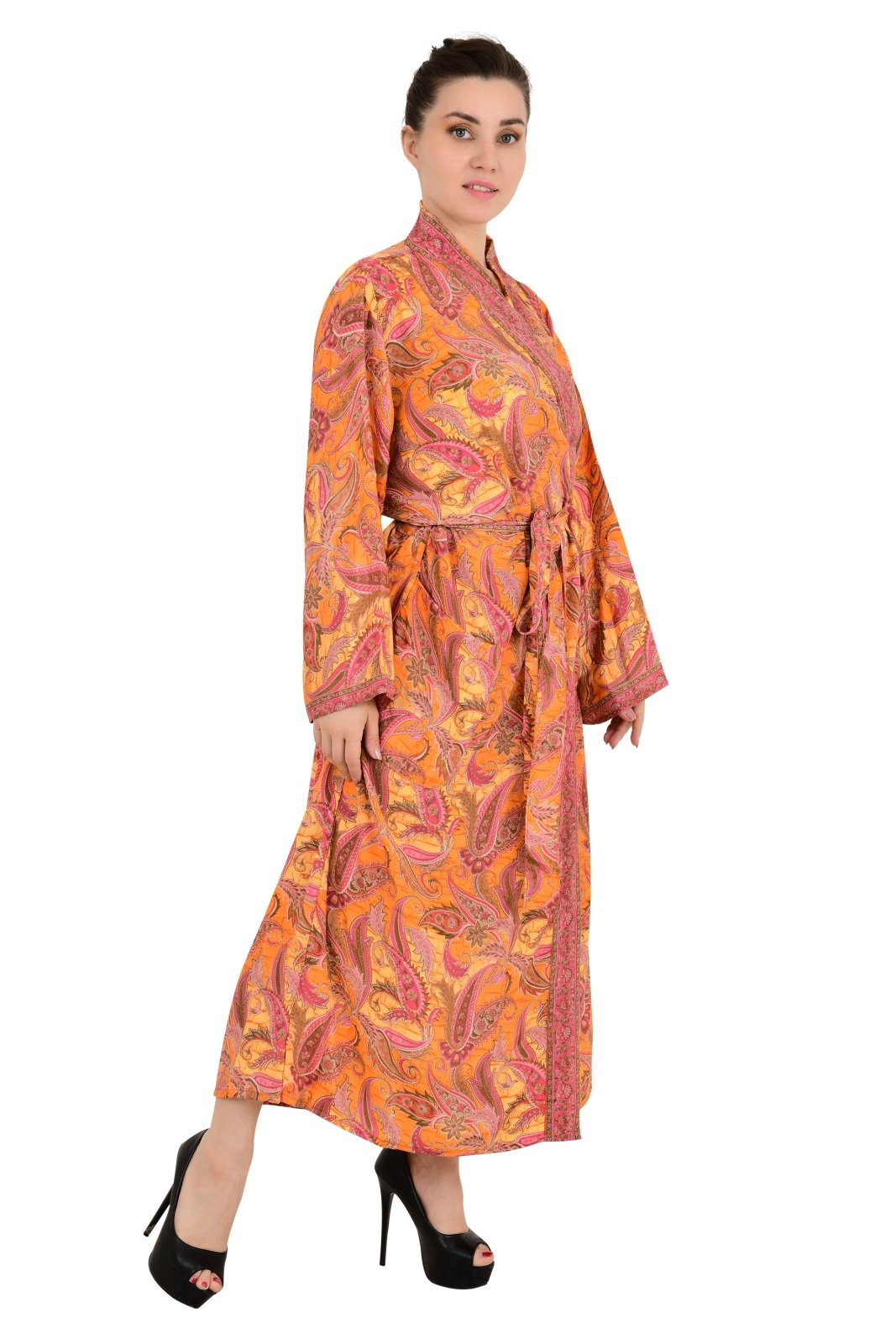 Bohemian New Silk Sari Kimono Women Regal House Beach Robe | Orange Paisley Floral Garden Luxury Anniversary Birthday Gift For Her