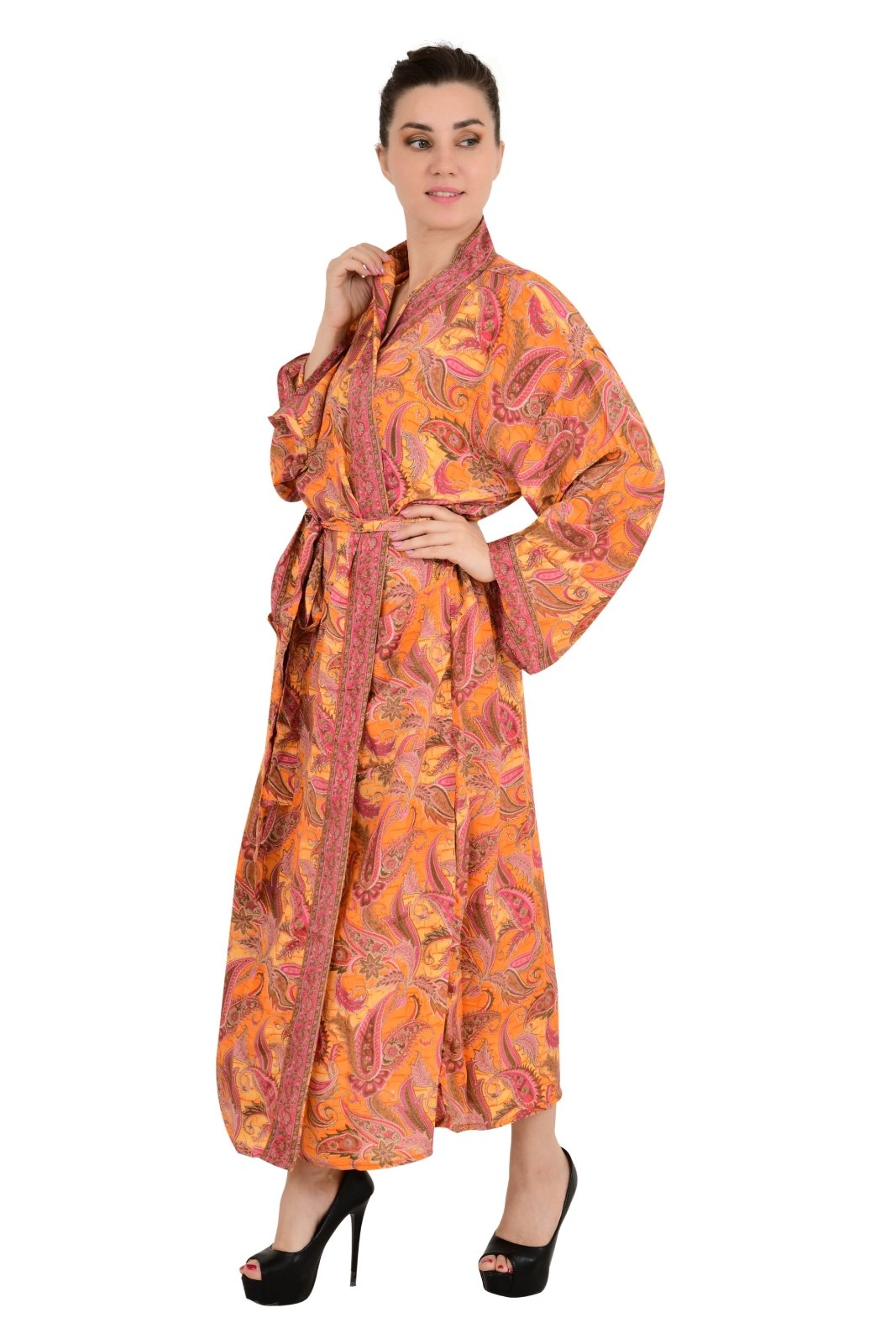 Bohemian New Silk Sari Kimono Women Regal House Beach Robe | Orange Paisley Floral Garden Luxury Anniversary Birthday Gift For Her