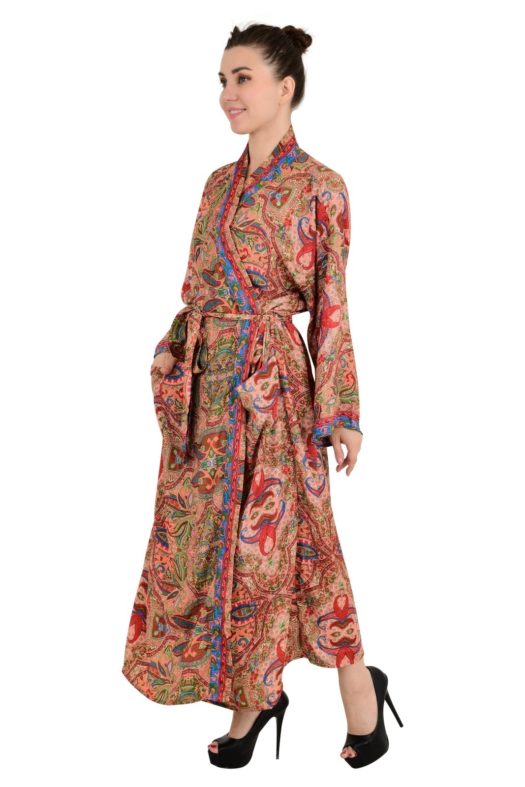 Bohemian New Silk Sari Kimono Women Regal House Beach Robe | Pink Blue Paisley Floral Luxury Anniversary Birthday Gift For Her