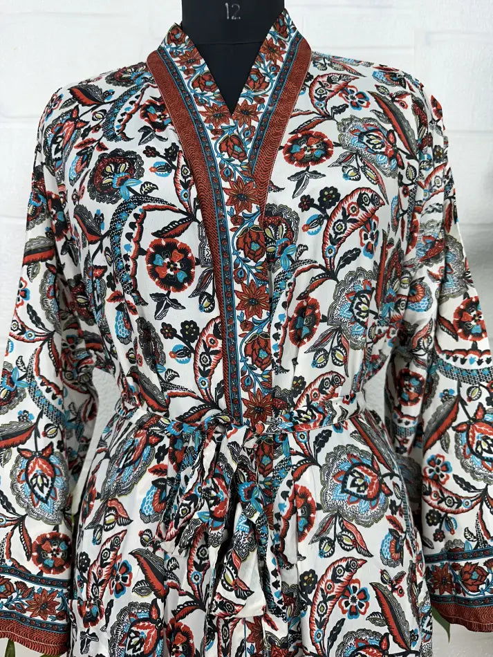 Bohemian New Silk Sari Kimono Women Regal House Beach Robe | White Brown Floral Luxury Anniversary Birthday Gift For Her