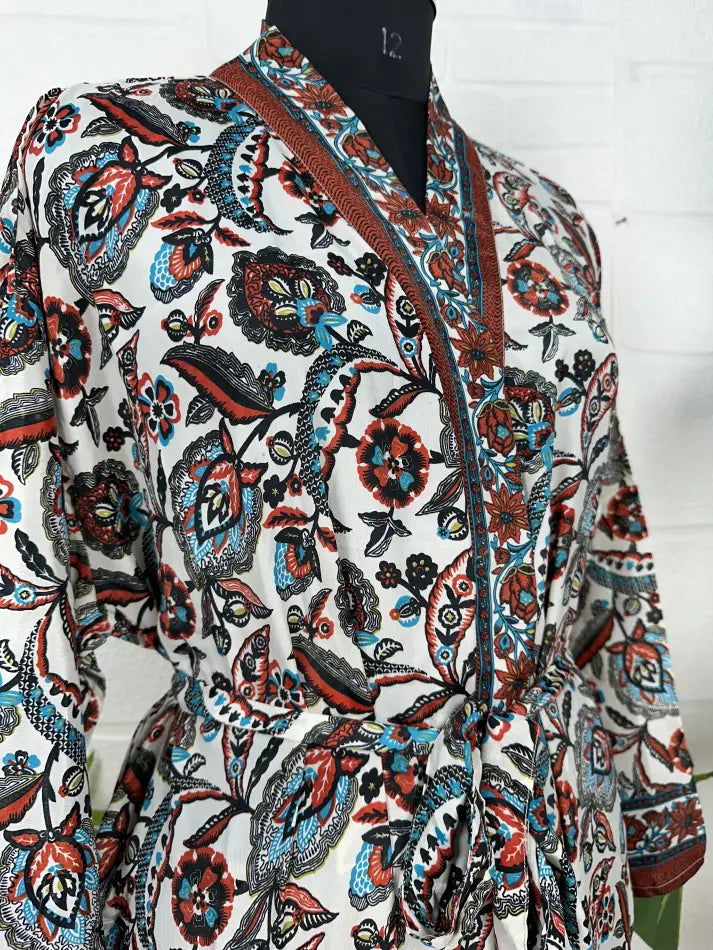 Bohemian New Silk Sari Kimono Women Regal House Beach Robe | White Brown Floral Luxury Anniversary Birthday Gift For Her