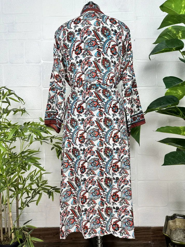 Bohemian New Silk Sari Kimono Women Regal House Beach Robe | White Brown Floral Luxury Anniversary Birthday Gift For Her
