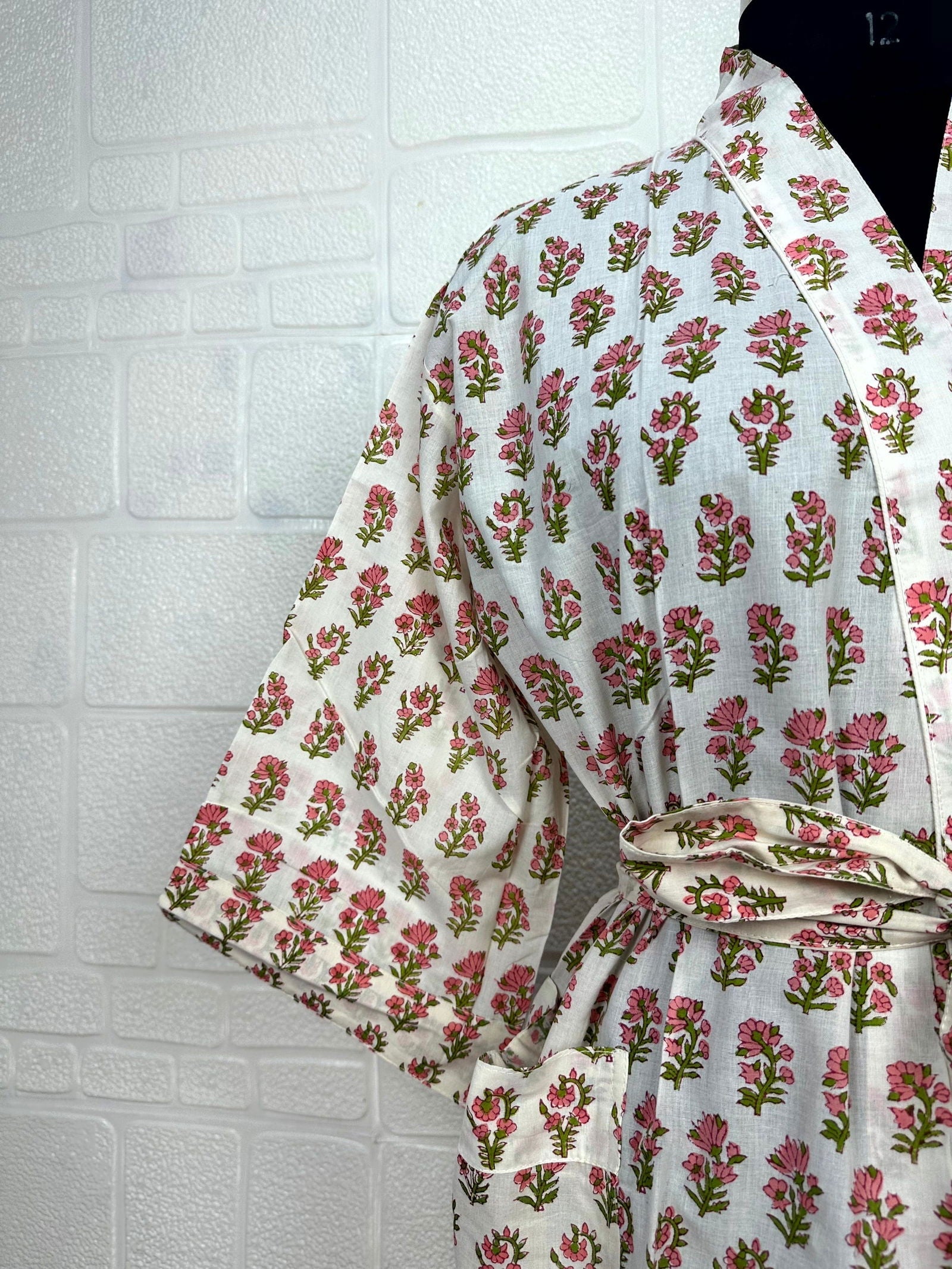 Boho Cotton Kimono House Robe Indian Handprinted Butterfly Floral Print Pattern | Lightweight Summer Luxury Beach Holidays Yacht Cover Up Stunning Dress