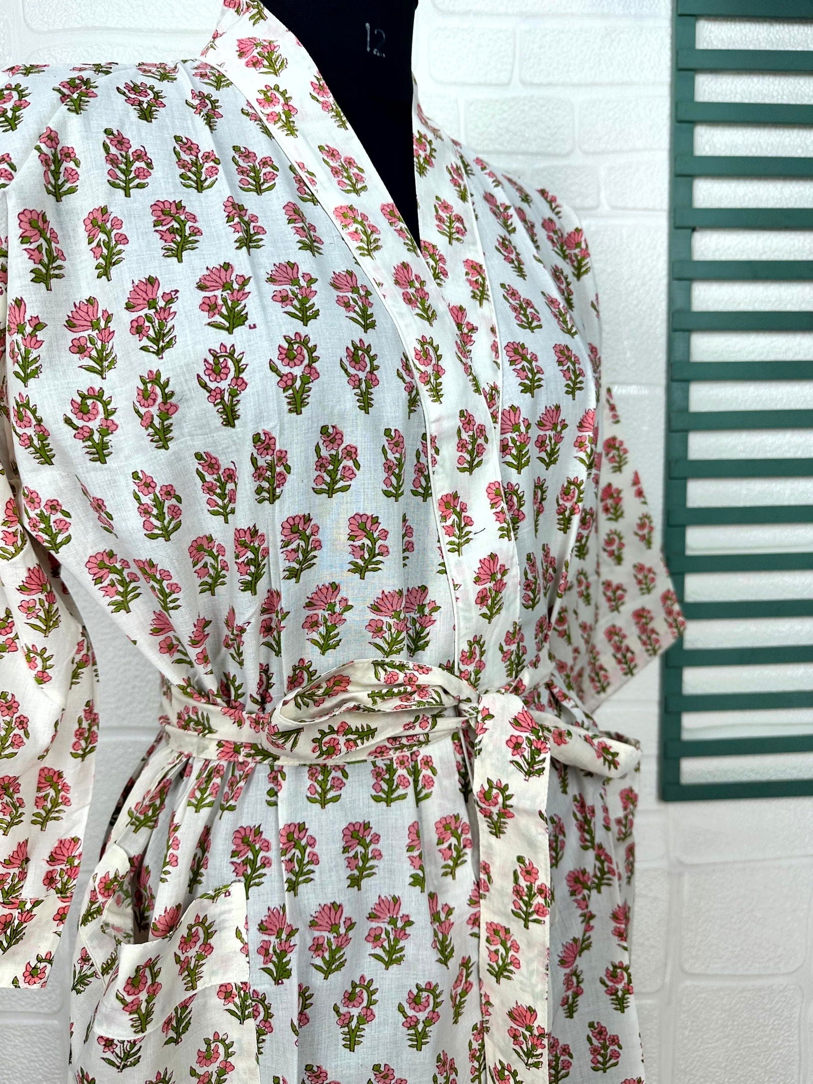 Boho Cotton Kimono House Robe Indian Handprinted Butterfly Floral Print Pattern | Lightweight Summer Luxury Beach Holidays Yacht Cover Up Stunning Dress