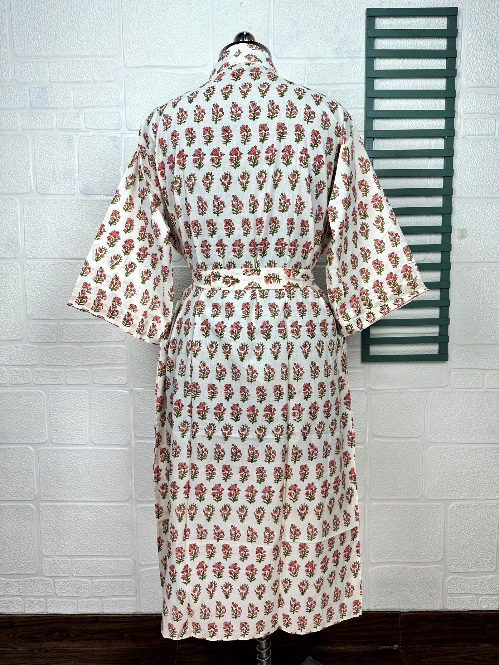 Boho Cotton Kimono House Robe Indian Handprinted Butterfly Floral Print Pattern | Lightweight Summer Luxury Beach Holidays Yacht Cover Up Stunning Dress
