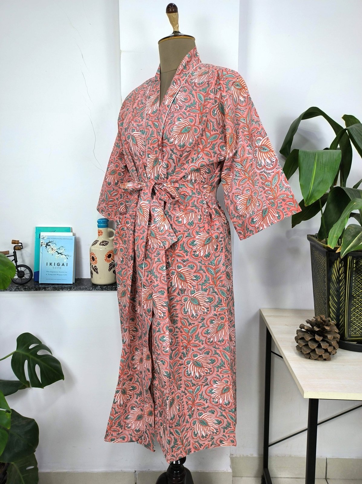 Boho Cotton Kimono House Robe Indian Handprinted Cherry Blossom Botanical | Lightweight Summer Luxury Beach Holiday Cover Up Stunning Dress